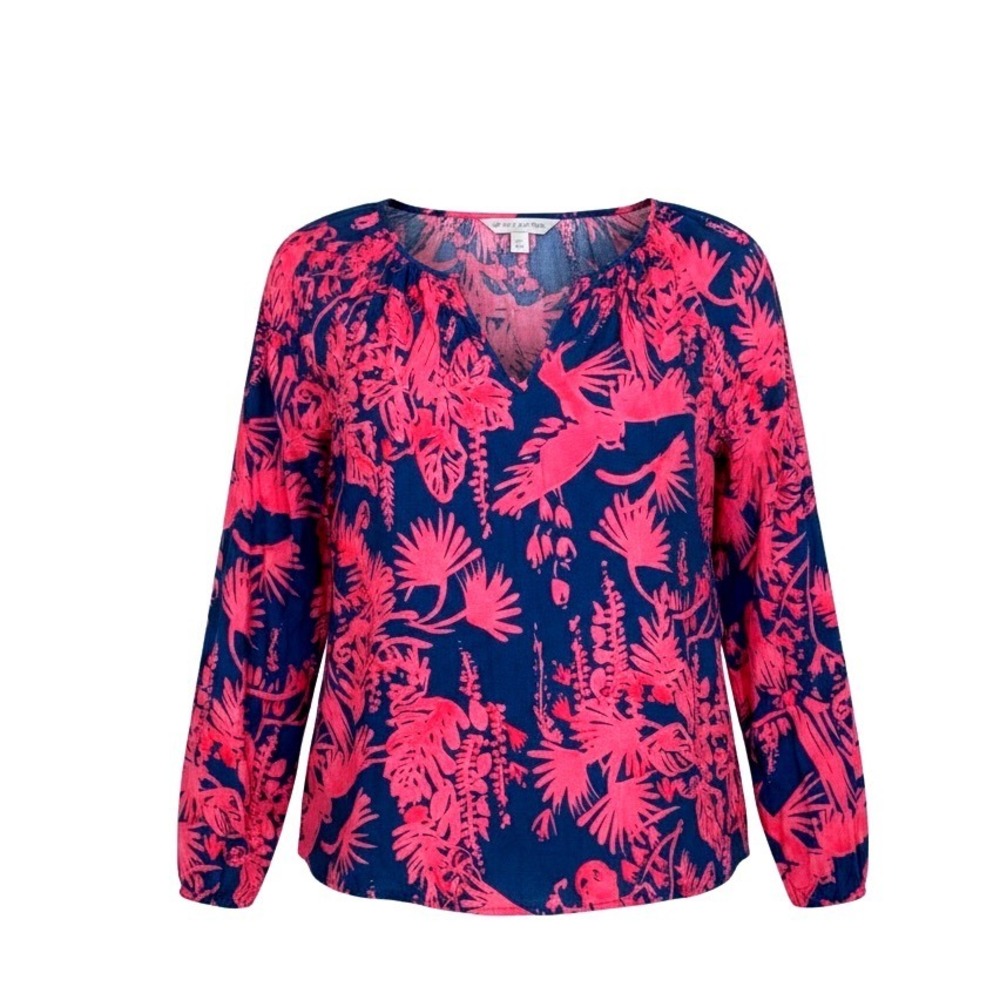 Lilly Pulitzer Willa Top Navy Pink Tropical Parrot Print Rayon Blouse Size Large